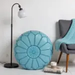 Sky Blue Leather Pouf Ottoman – Handcrafted Moroccan Round Pouf (21″ × 12″)