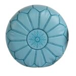 Sky Blue Leather Pouf Ottoman – Handcrafted Moroccan Round Pouf (21″ × 12″)