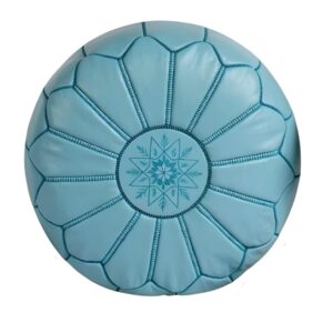 Sky Blue Leather Pouf Ottoman – Handcrafted Moroccan Round Pouf (21″ × 12″)