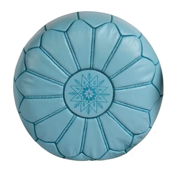 Sky Blue Leather Pouf Ottoman – Handcrafted Moroccan Round Pouf (21″ × 12″)