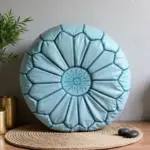 Sky Blue Leather Pouf Ottoman – Handcrafted Moroccan Round Pouf (21″ × 12″)