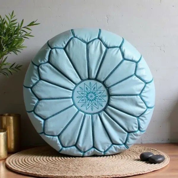 Sky Blue Leather Pouf Ottoman – Handcrafted Moroccan Round Pouf (21″ × 12″)