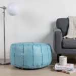 Sky Blue Leather Pouf Ottoman – Handcrafted Moroccan Round Pouf (21″ × 12″)