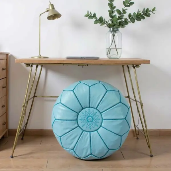 Sky Blue Leather Pouf Ottoman – Handcrafted Moroccan Round Pouf (21″ × 12″)