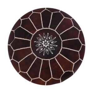 Dark Brown Leather Pouf Ottoman – Handcrafted Moroccan Round Pouf (21″ × 12″)