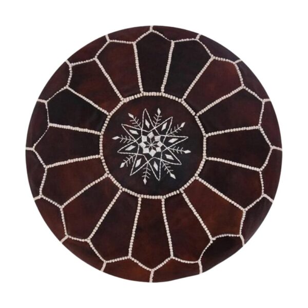 Dark Brown Leather Pouf Ottoman – Handcrafted Moroccan Round Pouf (21″ × 12″)