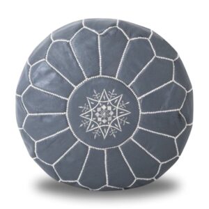 Gray Moroccan Leather Pouf – Handcrafted Round Ottoman (21″ × 12″)