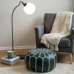 Handcrafted Green Leather Pouf – 21″ Moroccan Round Ottoman with White Stitching