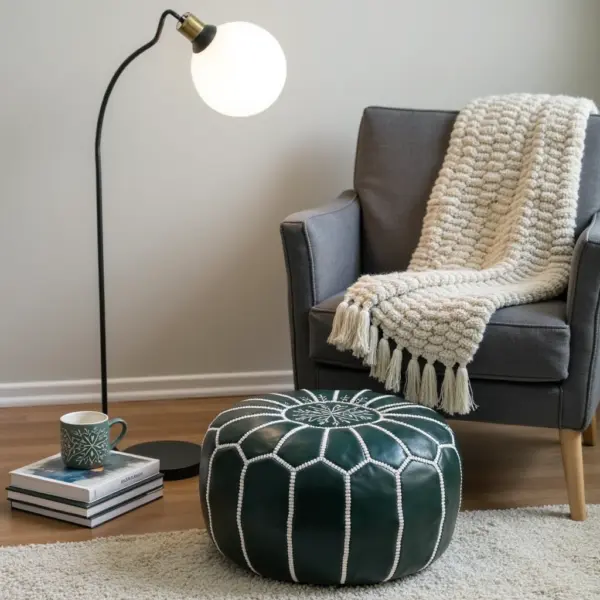 Handcrafted Green Leather Pouf – 21″ Moroccan Round Ottoman with White Stitching