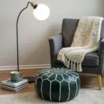 Handcrafted Green Leather Pouf – 21″ Moroccan Round Ottoman with White Stitching