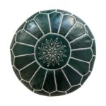 Handcrafted Green Leather Pouf – 21″ Moroccan Round Ottoman with White Stitching