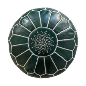 Handcrafted Green Leather Pouf – 21″ Moroccan Round Ottoman with White Stitching
