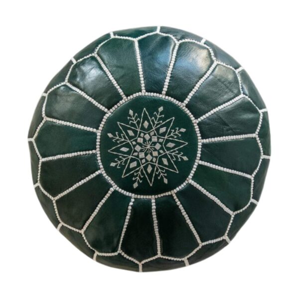 Handcrafted Green Leather Pouf – 21″ Moroccan Round Ottoman with White Stitching