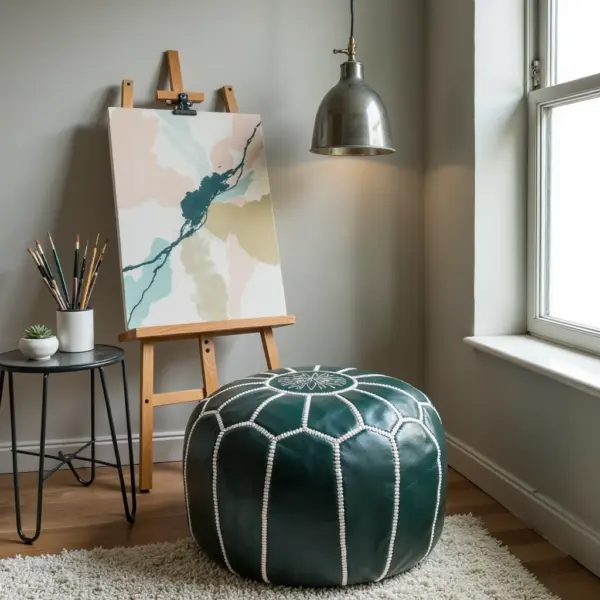 Handcrafted Green Leather Pouf – 21″ Moroccan Round Ottoman with White Stitching