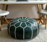 Handcrafted Green Leather Pouf – 21″ Moroccan Round Ottoman with White Stitching