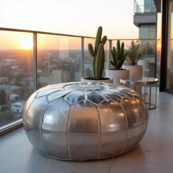 Silver Leather Pouf – Handcrafted Moroccan Ottoman (21″ × 12″) with White Stitching