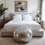 Silver Leather Pouf – Handcrafted Moroccan Ottoman (21″ × 12″) with White Stitching