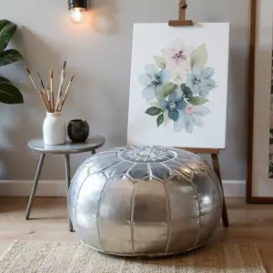 Silver Leather Pouf – Handcrafted Moroccan Ottoman (21″ × 12″) with White Stitching