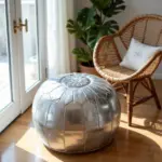 Silver Leather Pouf – Handcrafted Moroccan Ottoman (21″ × 12″) with White Stitching