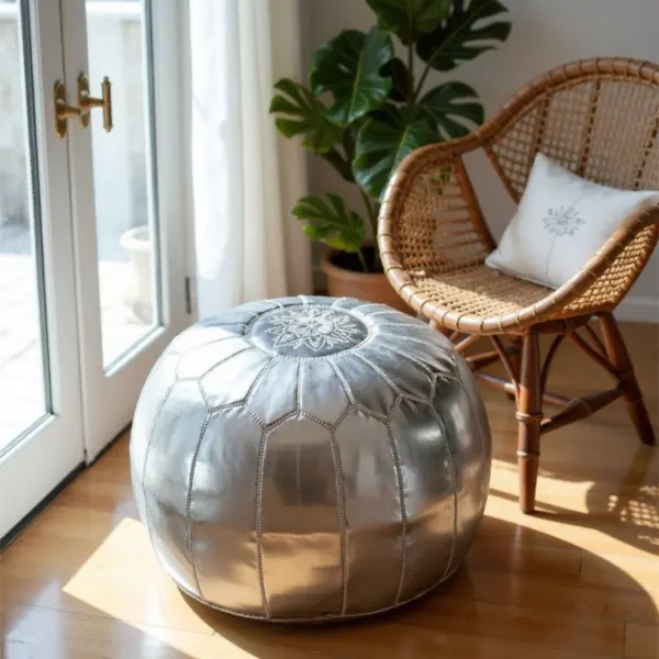 Silver Leather Pouf – Handcrafted Moroccan Ottoman (21″ × 12″) with White Stitching
