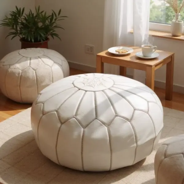 White Moroccan Leather Pouf – Handcrafted Round Ottoman (21″ × 12″)