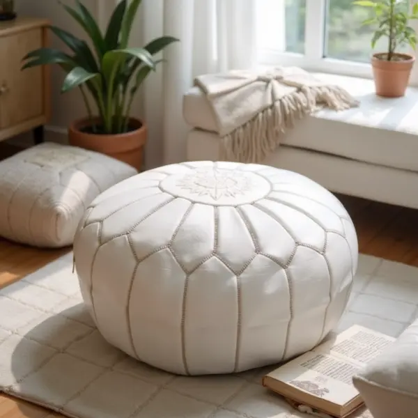 White Moroccan Leather Pouf – Handcrafted Round Ottoman (21″ × 12″)