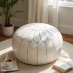 White Moroccan Leather Pouf – Handcrafted Round Ottoman (21″ × 12″)