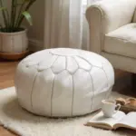White Moroccan Leather Pouf – Handcrafted Round Ottoman (21″ × 12″)
