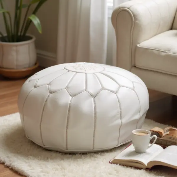 White Moroccan Leather Pouf – Handcrafted Round Ottoman (21″ × 12″)