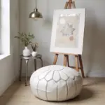 White Moroccan Leather Pouf – Handcrafted Round Ottoman (21″ × 12″)