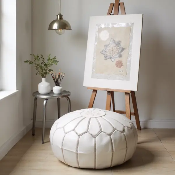 White Moroccan Leather Pouf – Handcrafted Round Ottoman (21″ × 12″)