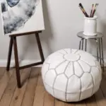 White Moroccan Leather Pouf – Handcrafted Round Ottoman (21″ × 12″)