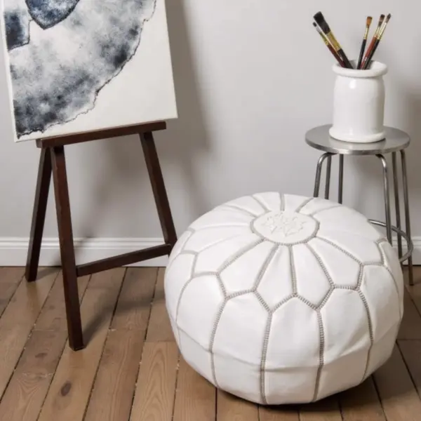 White Moroccan Leather Pouf – Handcrafted Round Ottoman (21″ × 12″)