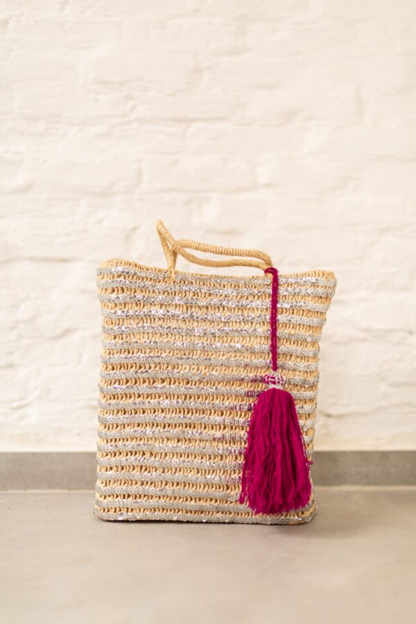 Saint Tropez Silver Sequin Basket – Handwoven Palm Leaf Tote