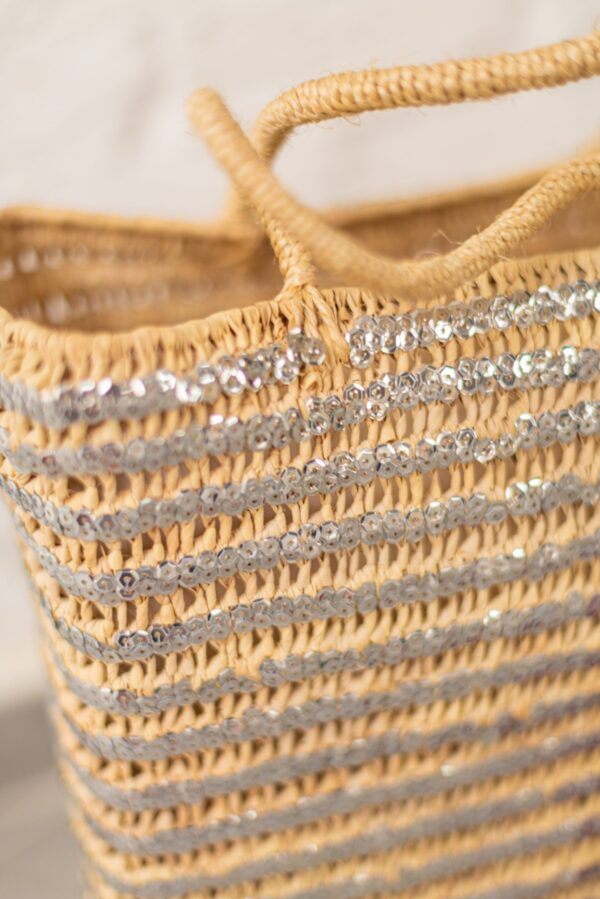 Saint Tropez Silver Sequin Basket – Handwoven Palm Leaf Tote