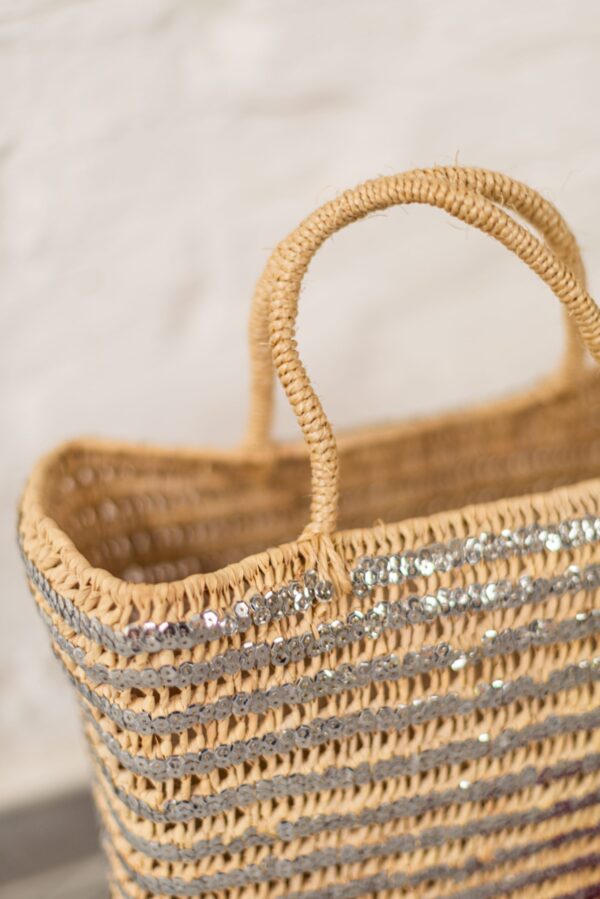 Saint Tropez Silver Sequin Basket – Handwoven Palm Leaf Tote