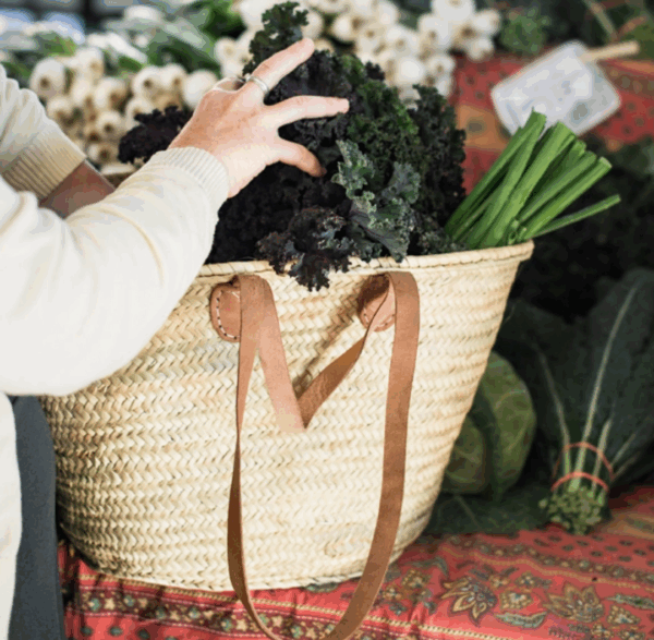 French Market Basket with Double Leather Handles – Handwoven