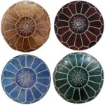 Set of 4 Moroccan Leather Poufs – Handcrafted Ottomans in Blue, Brown, Green