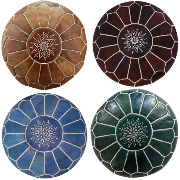 Set of 4 Moroccan Leather Poufs – Handcrafted Ottomans in Blue, Brown, Green