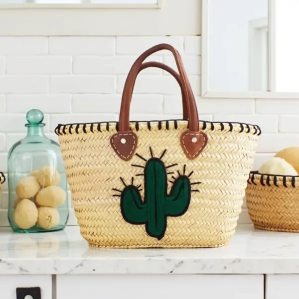 Handwoven Cactus Straw Beach Bag – Artisan Summer Tote with Leather Handles (46 × 34 cm)