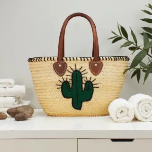 Handwoven Cactus Straw Beach Bag – Artisan Summer Tote with Leather Handles (46 × 34 cm)