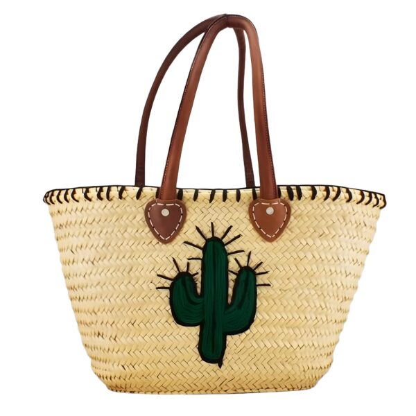 Handwoven Cactus Straw Beach Bag – Artisan Summer Tote with Leather Handles (46 × 34 cm)