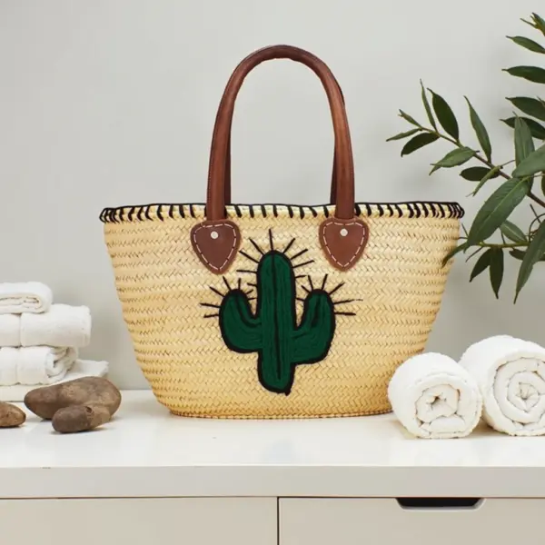 Handwoven Cactus Straw Beach Bag – Artisan Summer Tote with Leather Handles (46 × 34 cm)