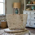 Moroccan Handwoven Mesh Straw Beach Bag – Natural Open Weave Tote (14″ × 17″)