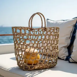 Moroccan Handwoven Mesh Straw Beach Bag – Natural Open Weave Tote (14″ × 17″)