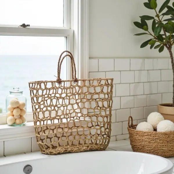Moroccan Handwoven Mesh Straw Beach Bag – Natural Open Weave Tote (14″ × 17″)