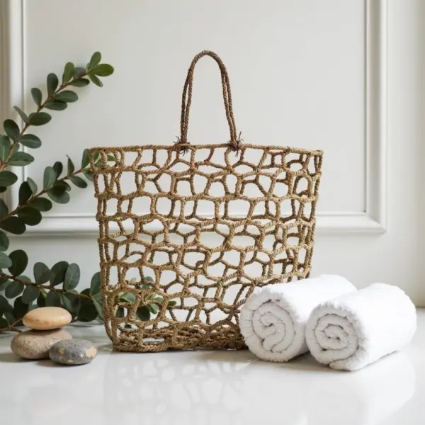 Moroccan Handwoven Mesh Straw Beach Bag – Natural Open Weave Tote (14″ × 17″)