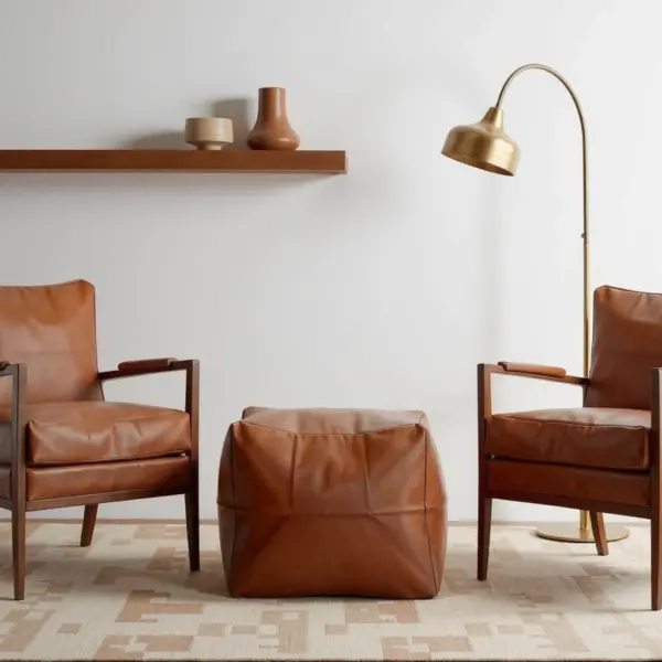 Handcrafted Leather Square Pouffe Ottoman – 16″ Minimalist Moroccan Design