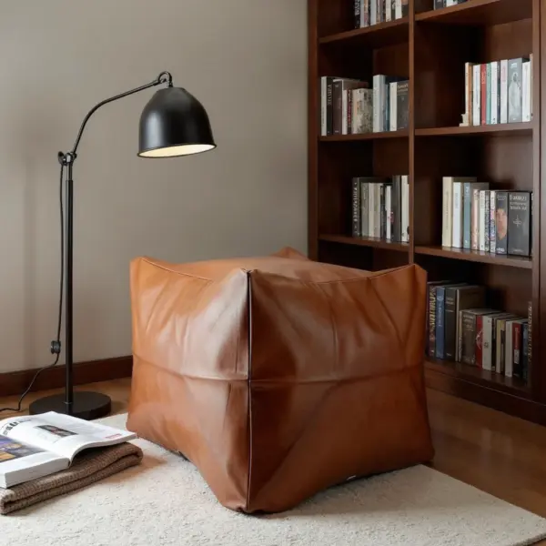 Handcrafted Leather Square Pouffe Ottoman – 16″ Minimalist Moroccan Design