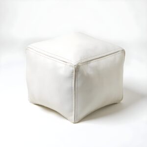 White Square Leather Pouf – Modern Moroccan Handcrafted Ottoman (16″ × 16″ × 15″)